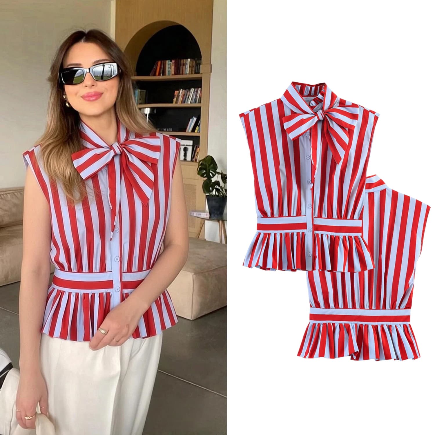 Summer Women's Striped Shirts Chic Female Sleeveless Bow Lace-Up Hem Hem Ruffle Design T-Shirt Lady High Street Blouses