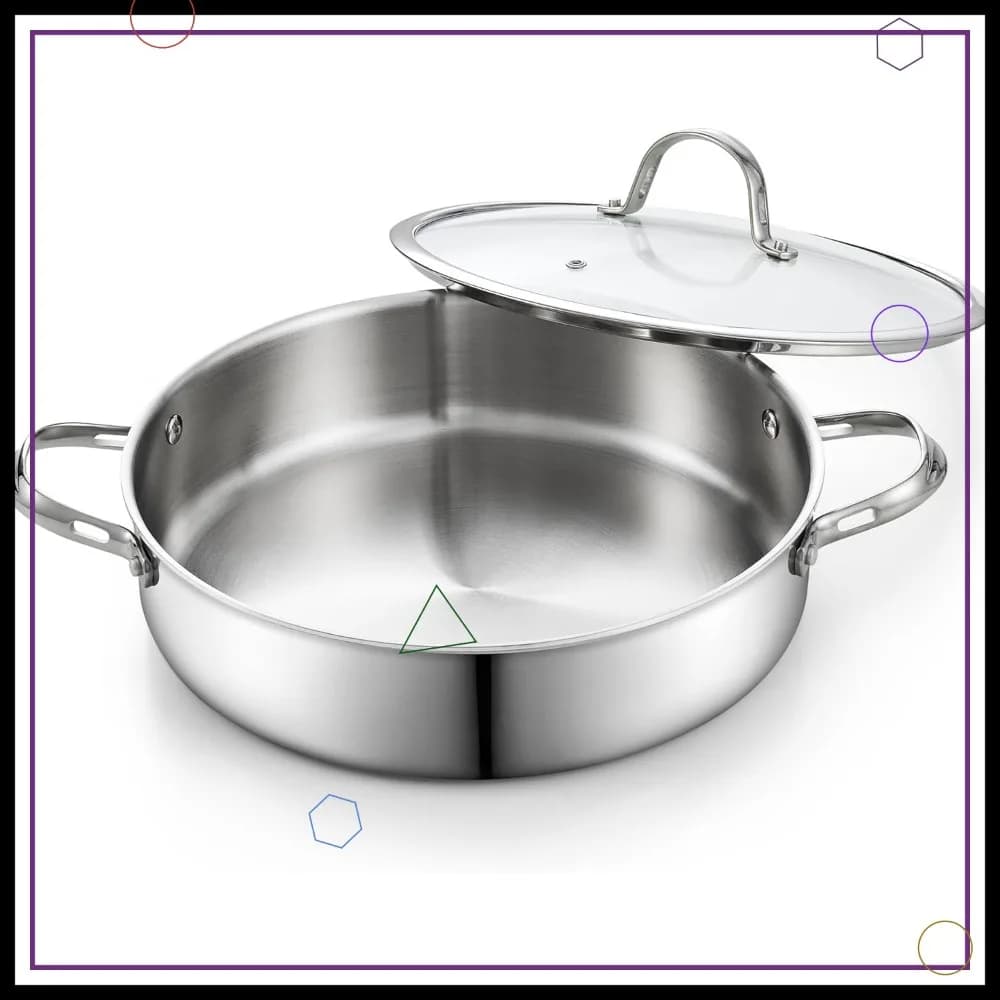 Stainless Steel Deep Plate Multilayered by 5.5 Quarts, 12-inch bowl with lid, Induction and Thermal Insulating Handle