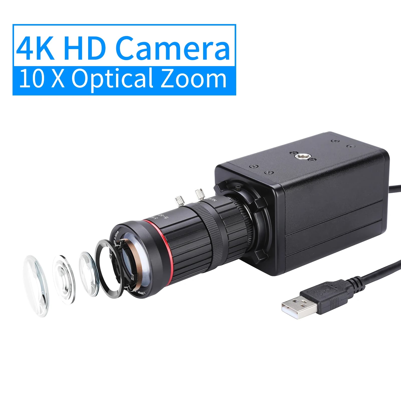 4K HD USB Webcam with Zoom Optical 10X and Automatic Exhibition Compensation for Windows XP/7/10, Linux and Android