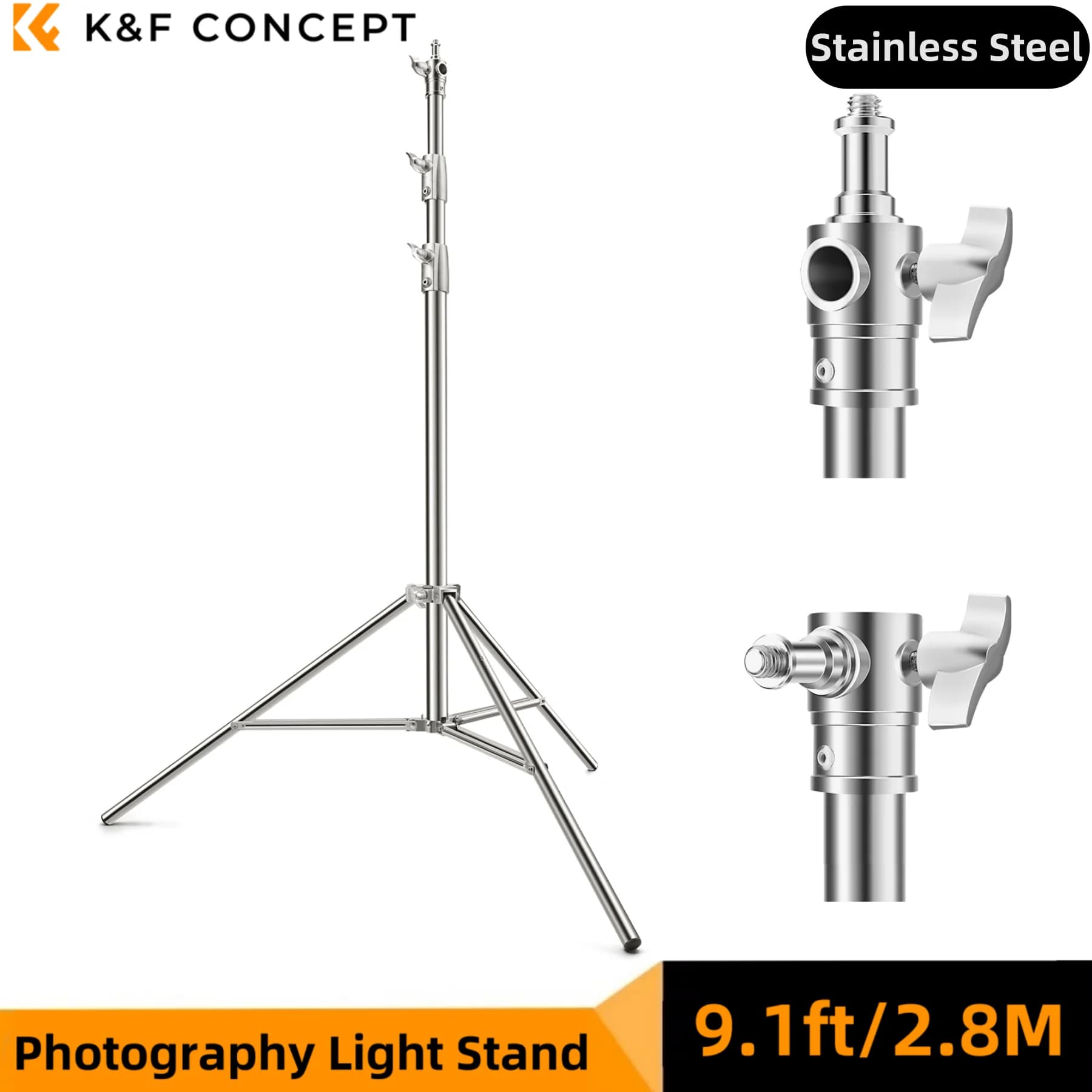 K&F CONCEPT Stativo per Illuminazione Fotografica in Acciaio Inox 9.1ft/2.8m, Treppiede per Foto e Video con Viti da 1/4" e 3/8"