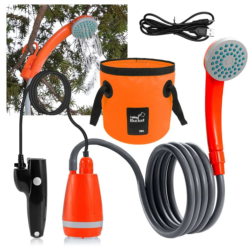 Kit doccia da campeggio portatile da esterno con scarico dell'acqua da 2.5-3,5 l/min tubo da 2m ricarica USB 30-60min durata della batteria doccia da campo