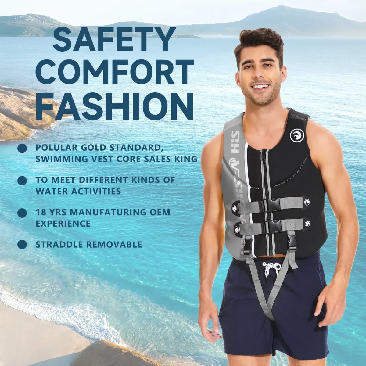 Giubbotto di Salvataggio HISEA per Nuoto, Canottaggio, Sci Nautico, Vela, Immersioni, Giacca di Sicurezza in Neoprene, Dispositivo di Galleggiamento PFD