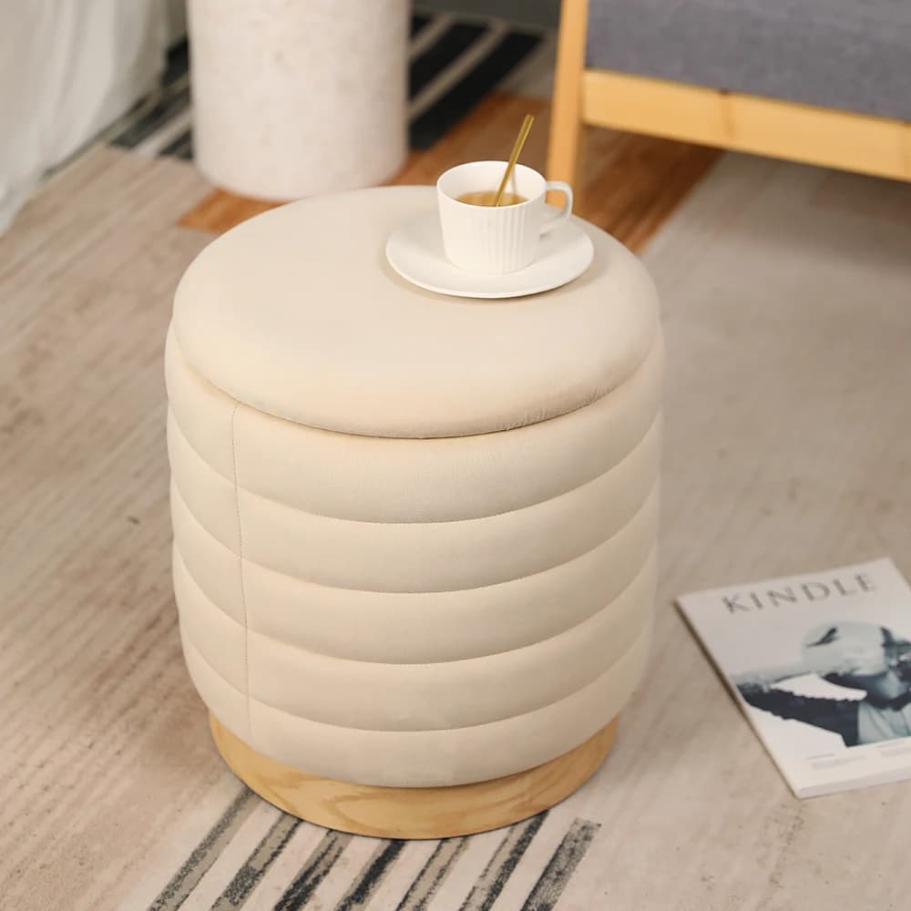 Round Storage Ottoman with Velvet Cover, Modern Footstool Chair, Upholstered Seat Cushion for Living Room Bedroom