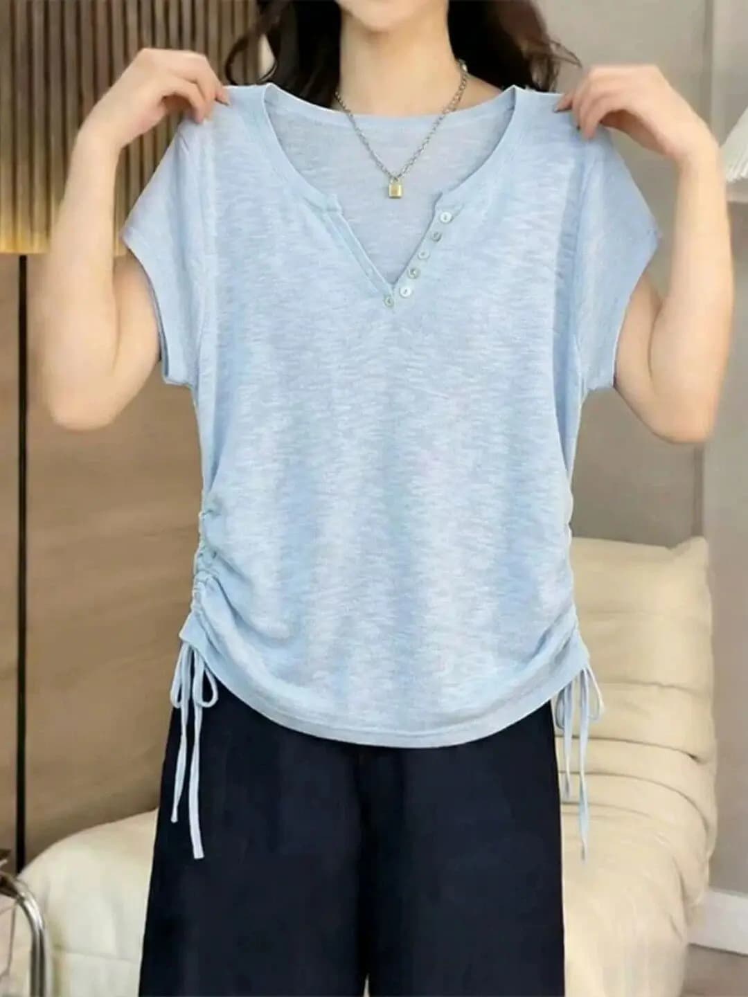 Drawstring Waist V-Neck Short Sleeve T-Shirt Women's Summer Korean Style Casual Loose Fashion Top for Small Figures