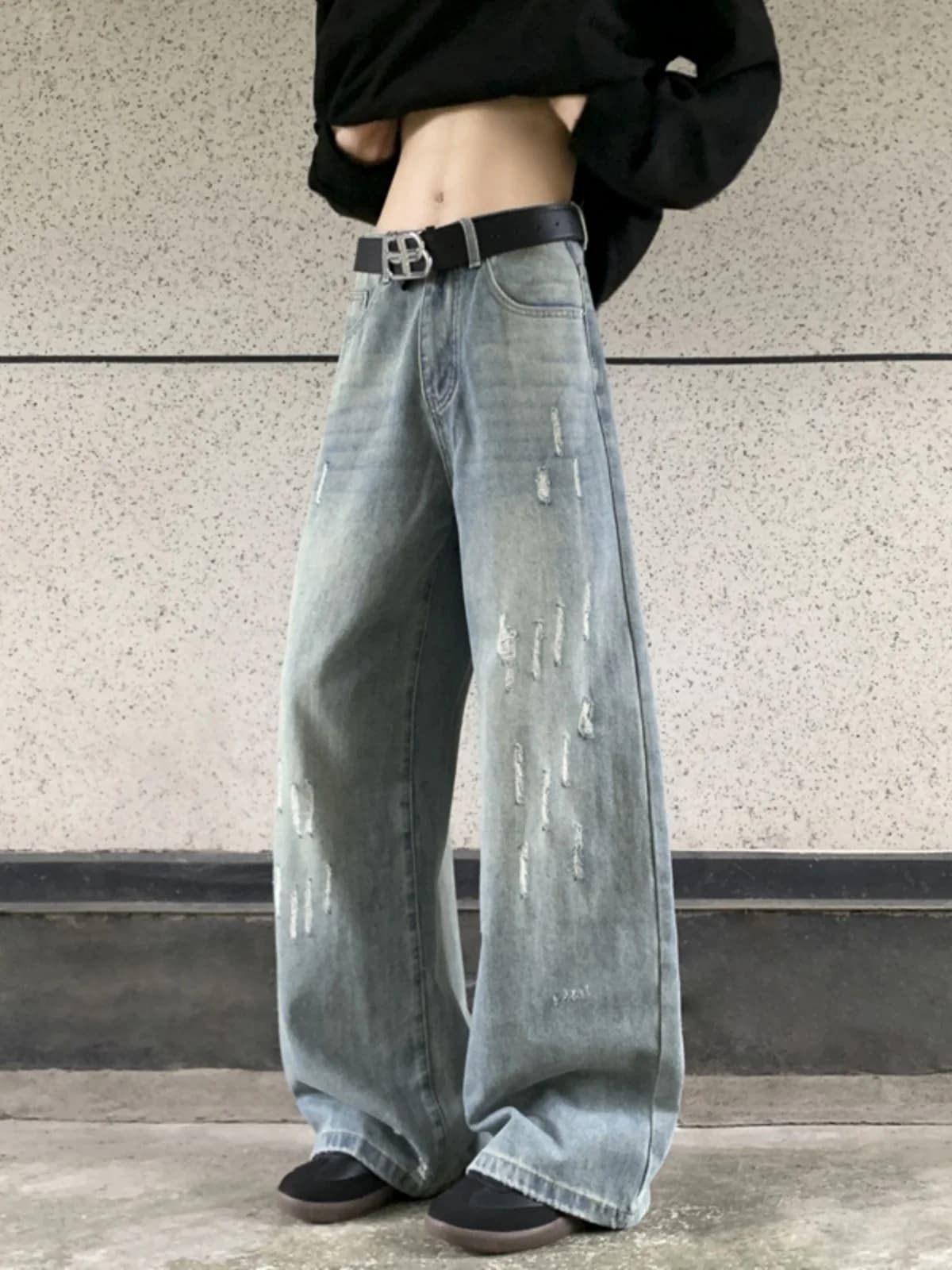 Jeans da Uomo Vintage Lavati, Strappati, a Gamba Larga, Stile Casual Autunno Inverno, Vita Media, Chiusura con Cerniera
