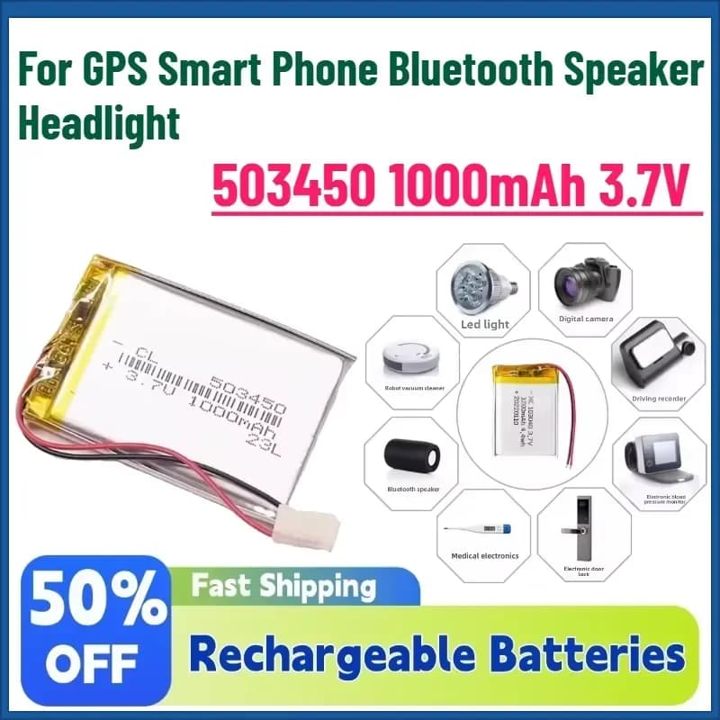 For GPS Smart Phone Bluetooth Speaker Headlight 503450 1.0Ah 3.7V Polymer Lithium Rechargeable Battery Li-ion Battery PH2.0