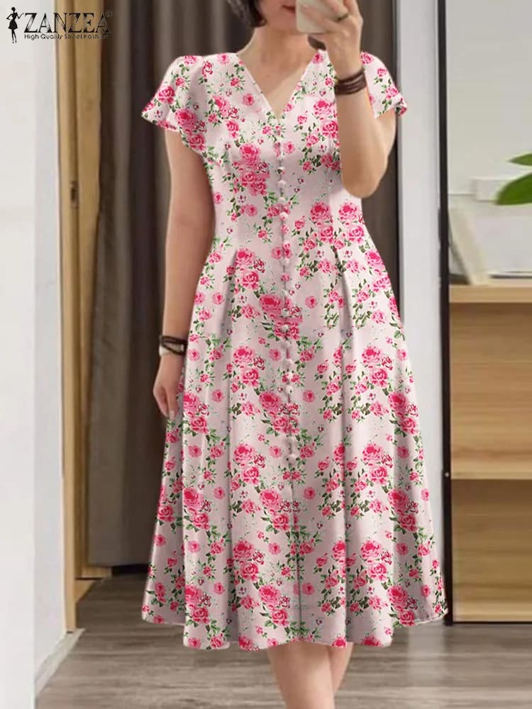 Elegante abito floreale ZANZEA Donna Estate Manica corta Party Vestito estivo Robe Femme Causale Vacanza Abiti Bohemain Abiti stampati