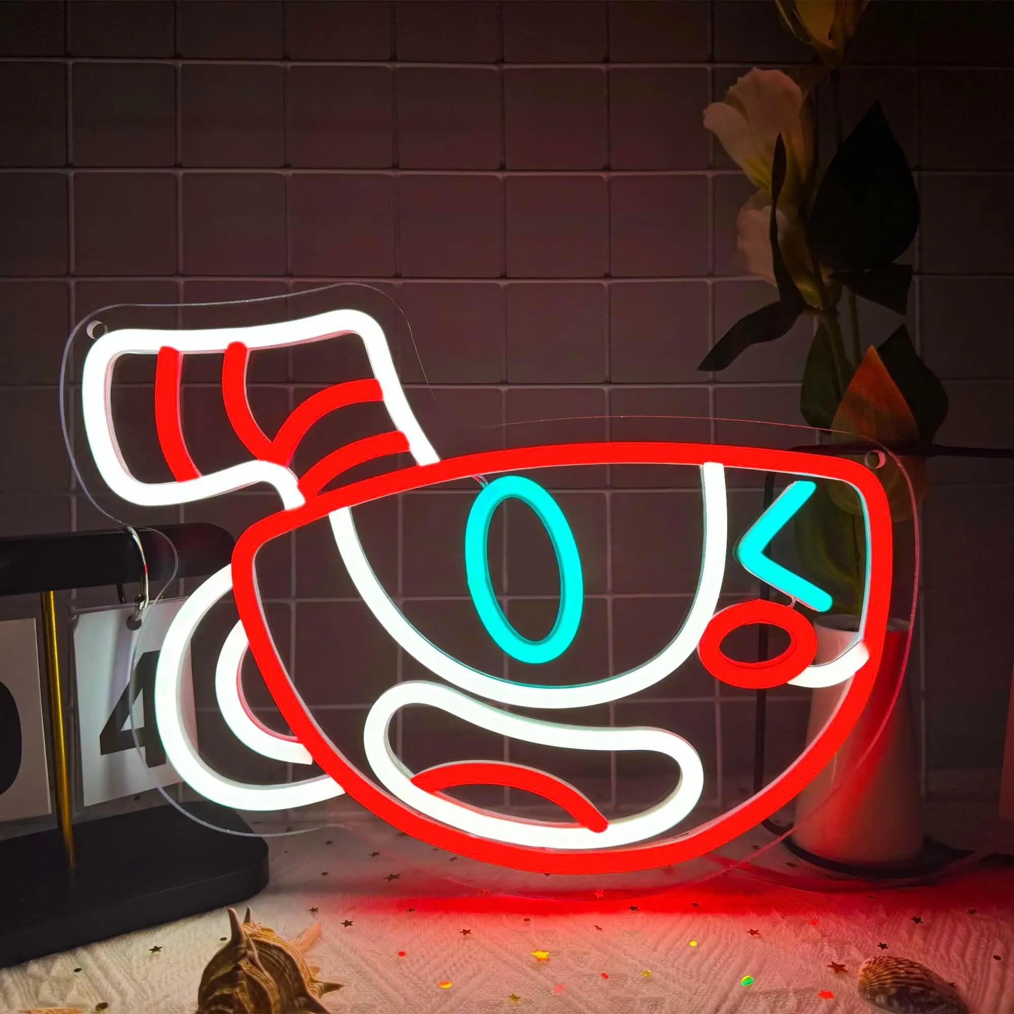 Cuphead Anime Insegne al neon per la decorazione della parete Figura dimmerabile Mugman Segno di gioco per Man Cave Camera dei bambini Camera da letto Bar Regali di compleanno