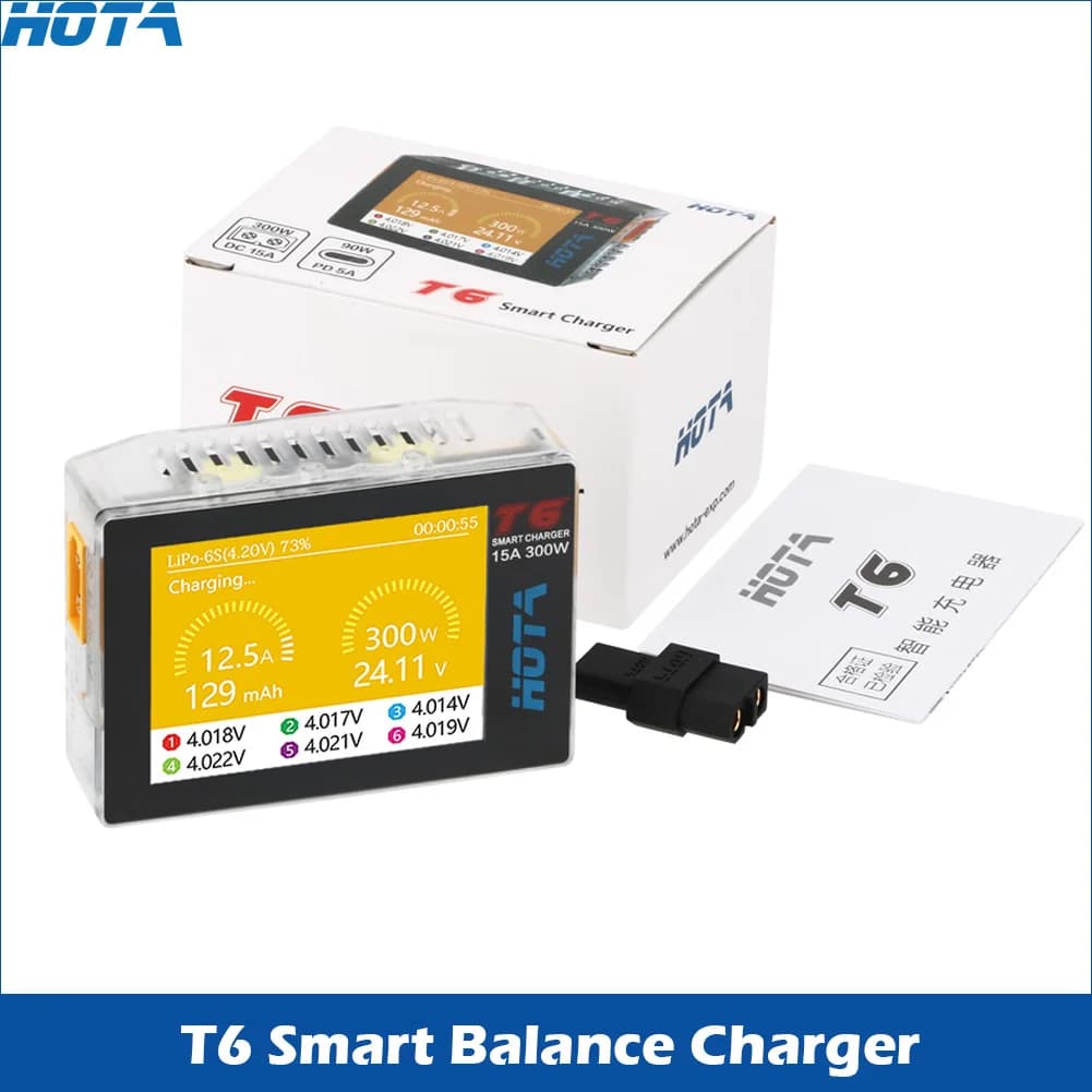 Caricabatterie Intelligente HOTA T6 DC/PD Doppio Ingresso 300W 2.4A IPS Supporta Interfacce XT60 e TYPE-C Compatibile con PD3.0 Caricabatterie per Batterie FPV RC