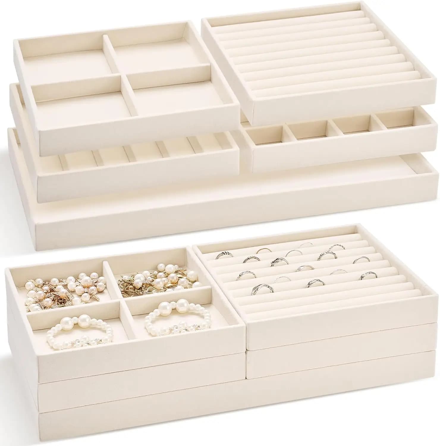 10 Piece Stackable Jewelry Organizer Trays, 14' Velvet Drawer Insert with Removable Parts for Necklaces, Earrings, Rings, Watches