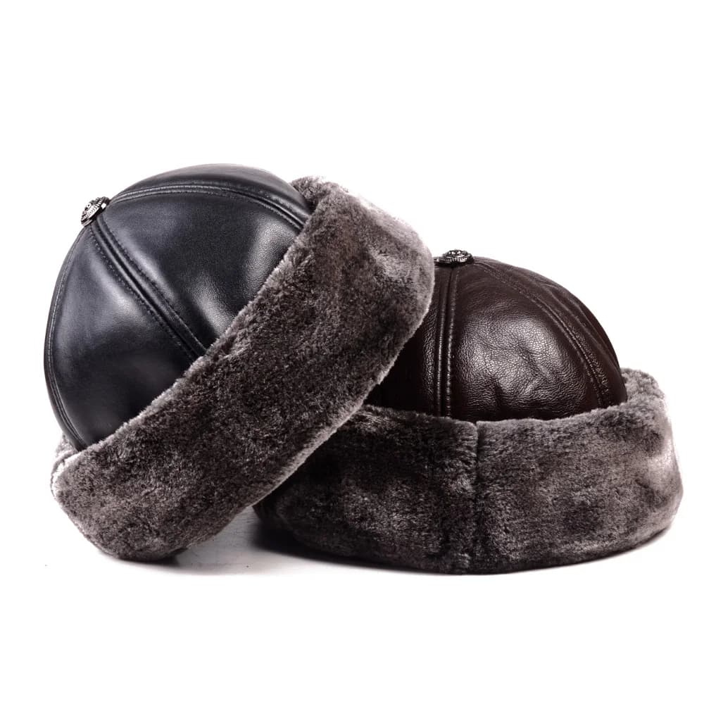 Cappelli invernali caldi per uomo cappellino da sci da neve antivento da uomo in vera pelle spessa all'aperto in vera pelle con cappuccio rotondo foderato in pile
