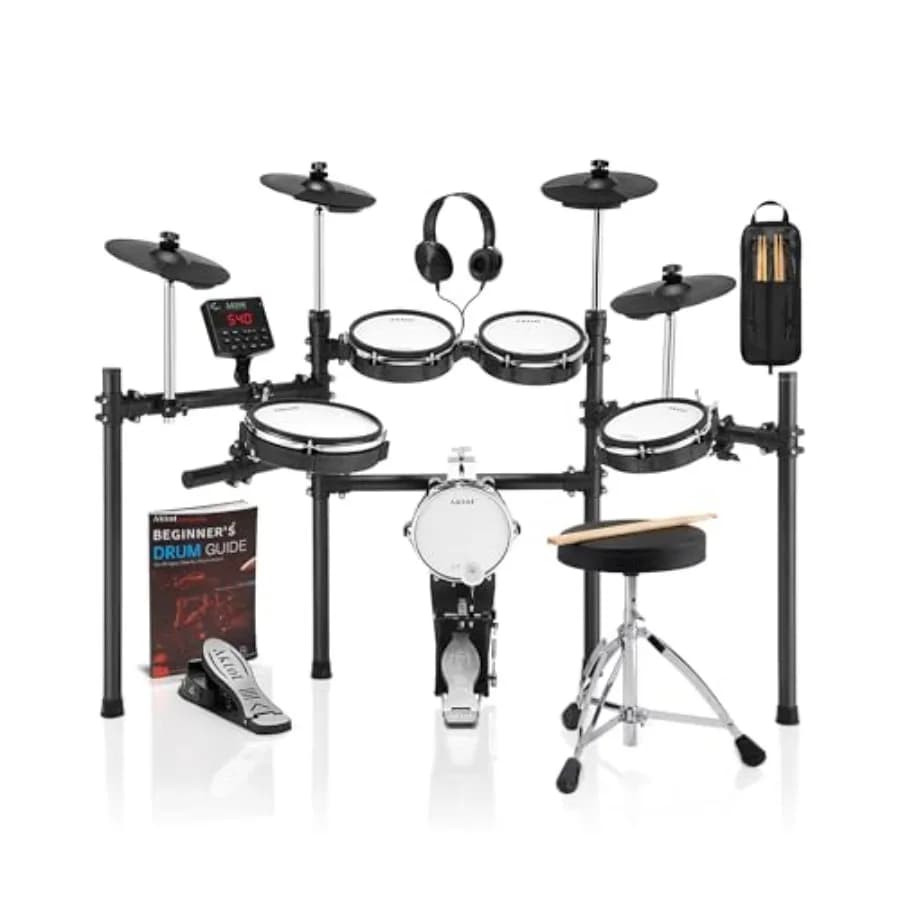 Set di batteria elettronica con Kick-Tower: 4 pad in mesh a doppia zona, grancassa a torre da 8'', rullante da 10'' a doppia zona, piatti da 10'' con funzione Choke