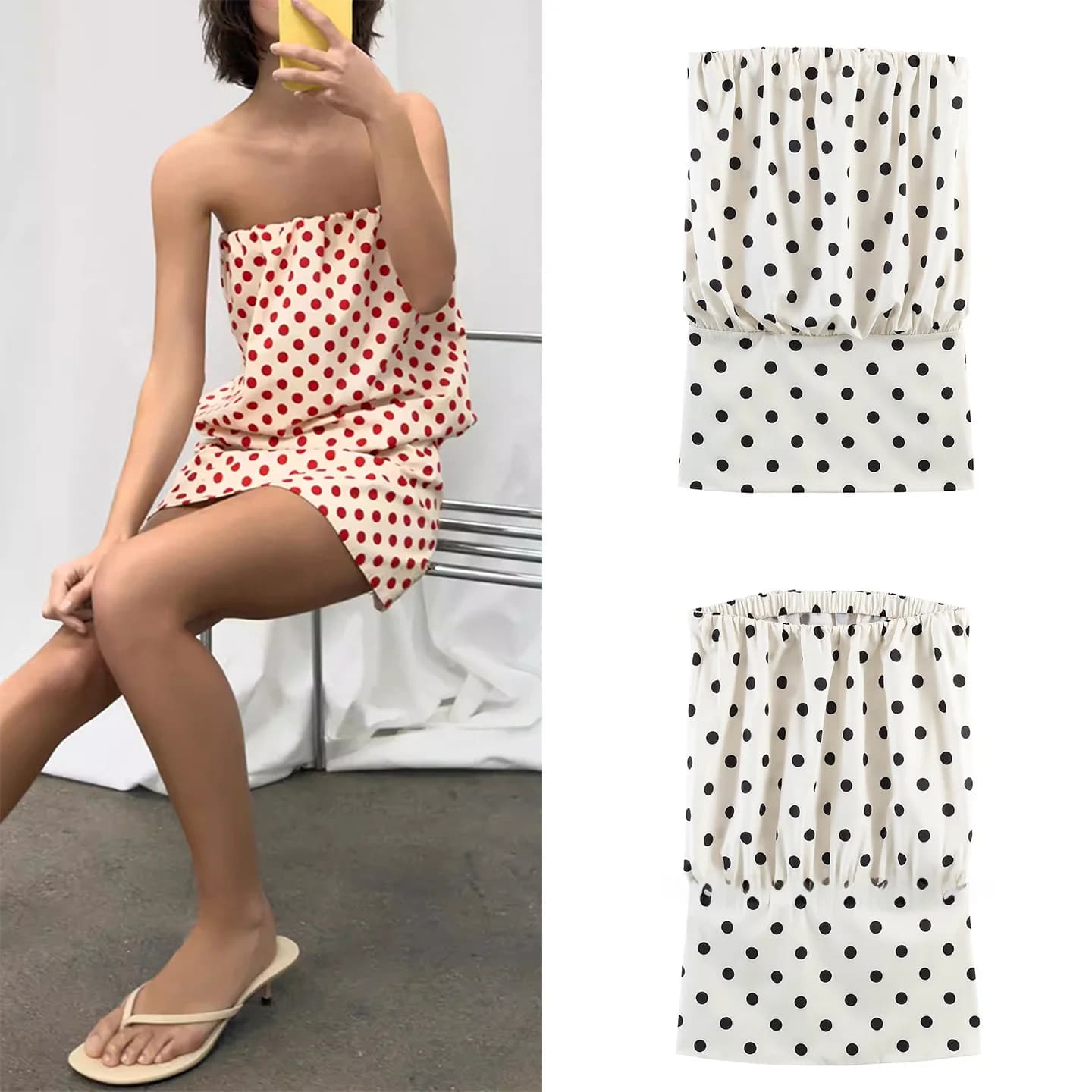 Abito Elegante a Pois Senza Spalline da Donna, Nuovo Arrivo Primavera 2026, Vestito con Collo Dritto e Spalle Scoperte, Stile Zadata per il Lavoro