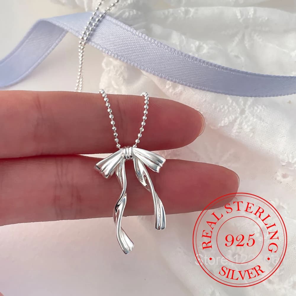 Collana con ciondolo a forma di nastro in argento sterling 925 con perline bowknot per catene a sfera per le donne, catena con clavicola, regalo di gioielli per feste di nozze