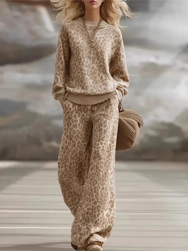 2026 Autunno Inverno Alla Moda Marrone Chiaro Stampa Leopardo Vestito Felpa a maniche lunghe con Pantaloni Casual Pendolarismo Set da Donna