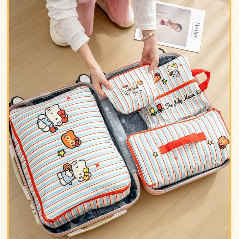 Hello Kitty Striped Travel Storage Bags Waterproof Suitcase Packing Organizers Bag For Clothes Underwear Shoes Organization Gift
