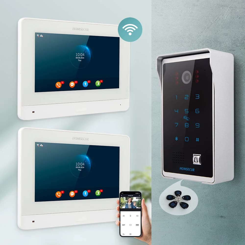 HOMSECUR 7" Video Doorphone Intercom Door Bell Card Access Motion Detection Tuya App 1 Doorbell Camera 2 Indoor Monitors