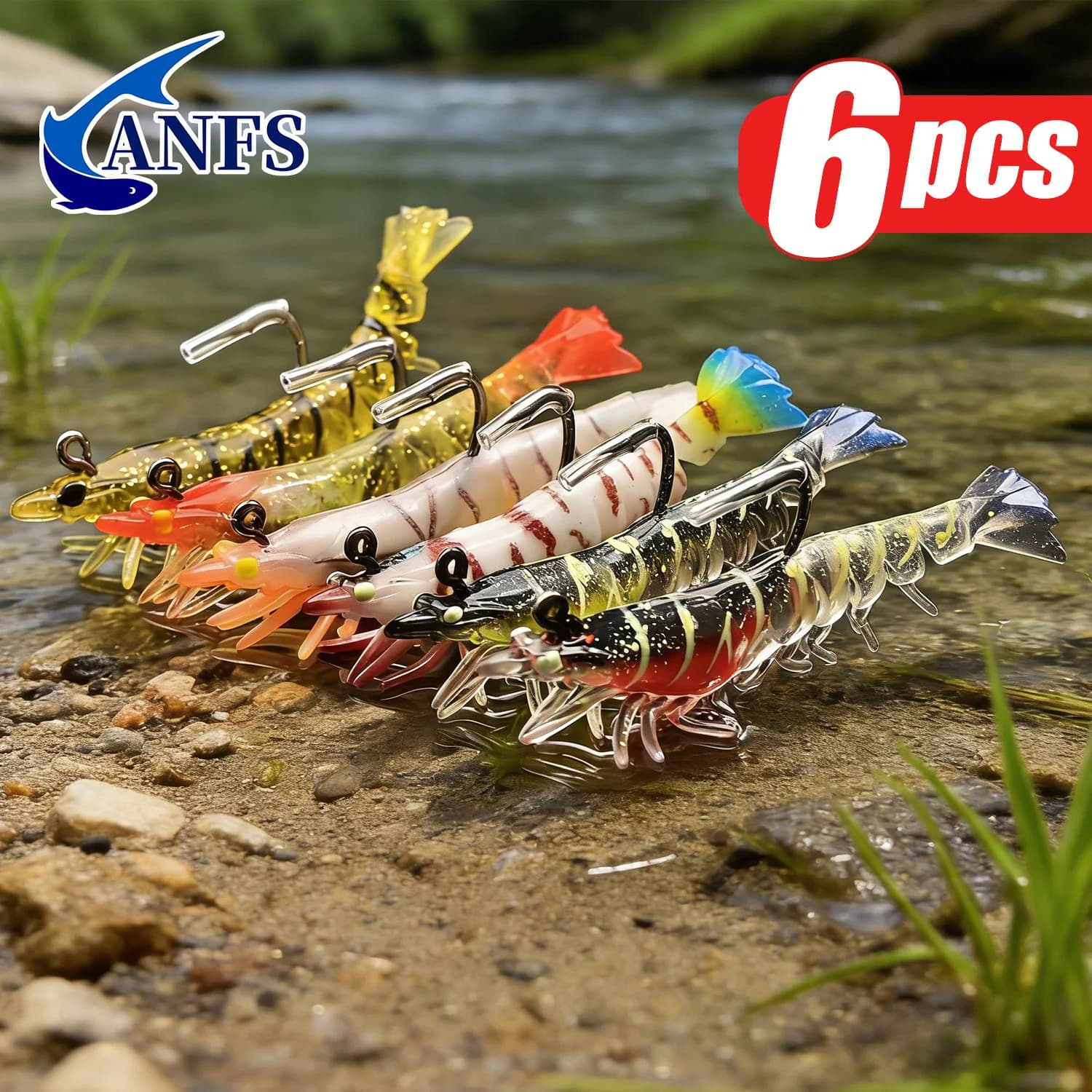 Set di Esche Morbide a Forma di Gamberetto ANFS, 6 Colori con Ganci - Attrezzatura da Pesca per Bass, Trota, Pesce Gatto in Acqua Dolce e Salata