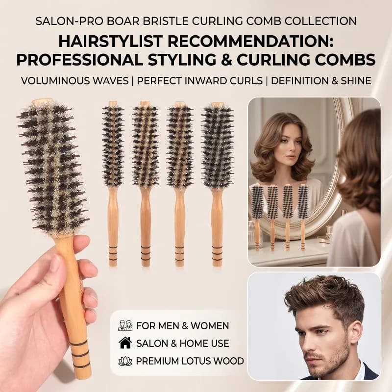 Professional Salon Grade Boar Bristle Round Curly Hair Brush Anti-static Wood Handle for Blow Drying Styling Straightening