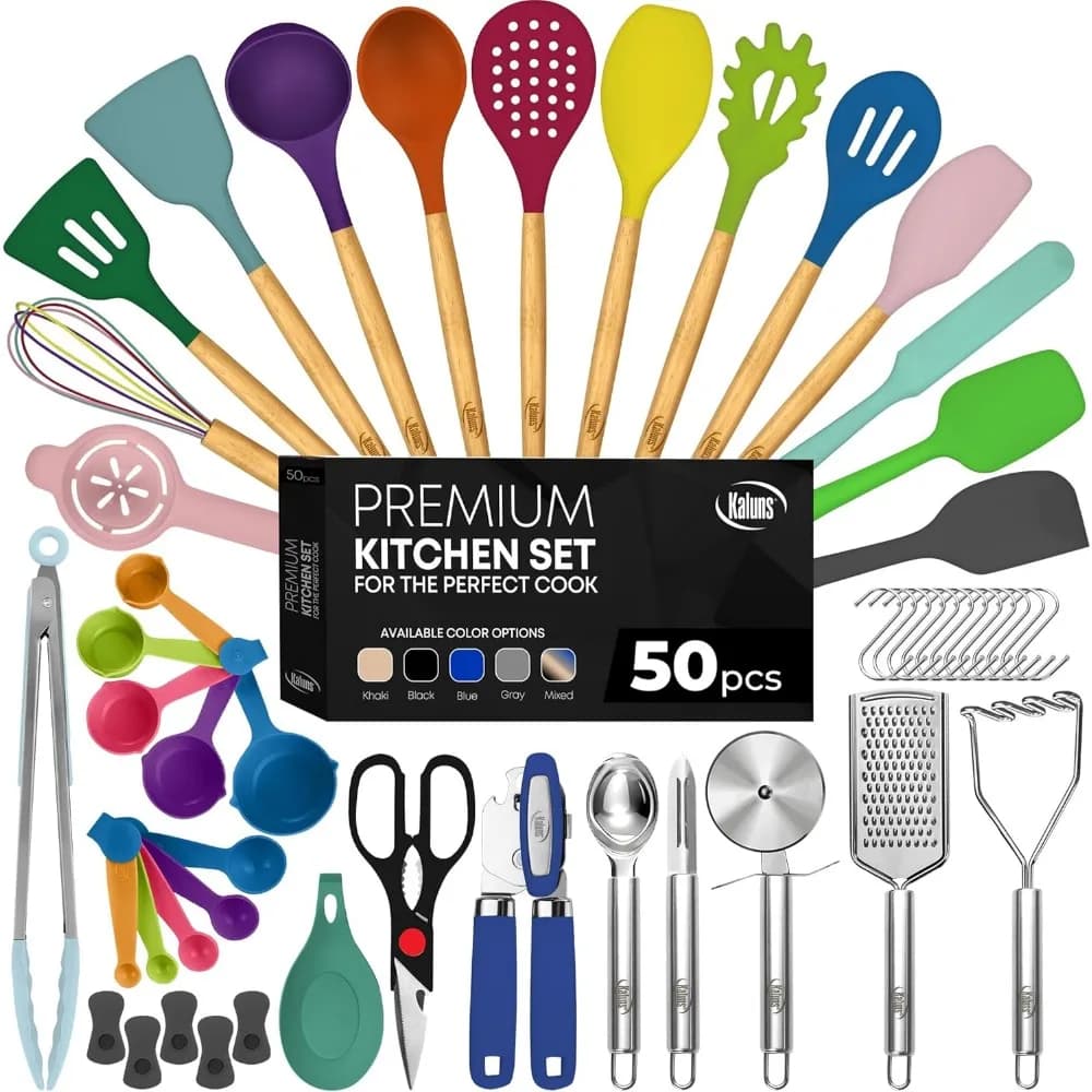 Set di 50 Utensili da Cucina in Silicone Resistenti al Calore fino a 800 Gradi ° Set Completo di Utensili da Cucina con Manici in Legno