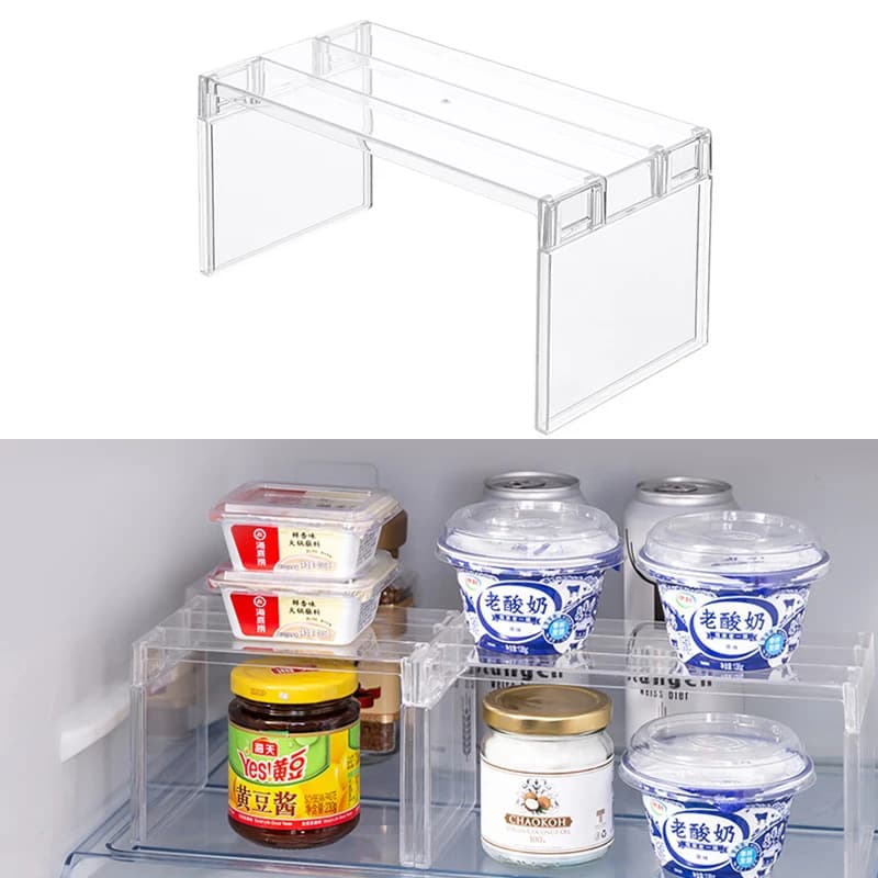 Organizzatori per frigorifero Scaffale portaoggetti Scaffali separatori a strati per frigorifero Supporto da tavolo trasparente Risparmia spazio Accessori da cucina