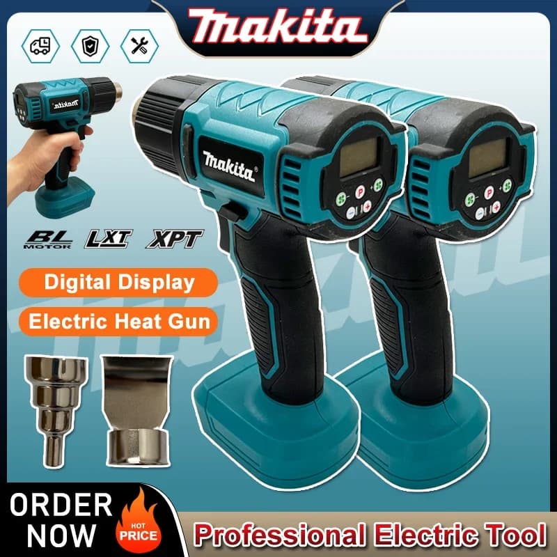 Pistola ad Aria Calda Elettrica Makita con Display Digitale, Senza Fili, 2 Ugelli, per Imballaggio Termoretraibile Industriale, Compatibile con Batteria 18V