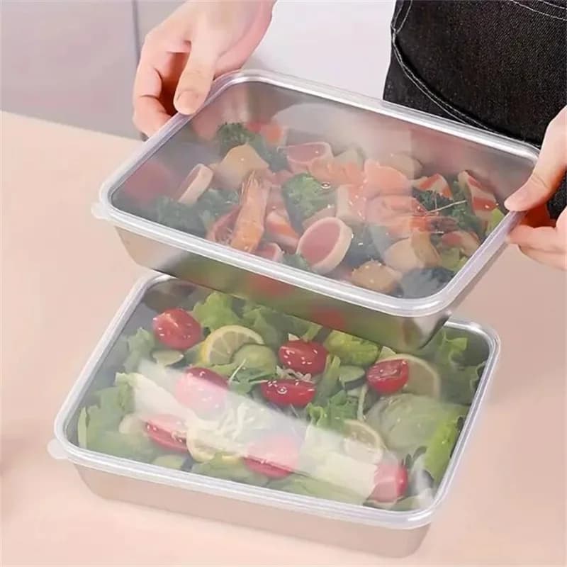 2Pcs Stainless Steel Storage Containers Multi-purpose Fresh-keeping Box with Lids Flat Bottom Thickened Steaming Plate Nonstick