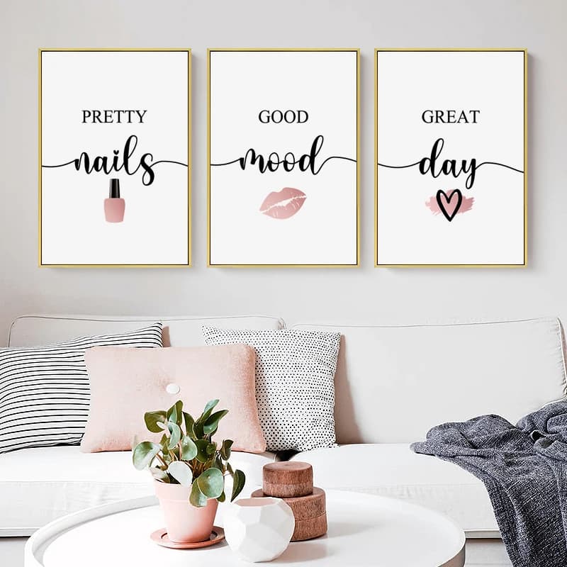 Nordic Pink Woman Red Lip Nails Polish Quotes MakeUp poster Canvas Painting Wall Art Pictures For Beauty Salon Room Decor
