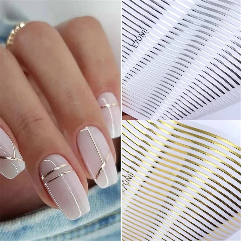 2 pezzi di linee oro argento striscia adesivo per unghie fai da te carte cursori autoadesive ondulate geometriche adesivi per trasferimento di nail art