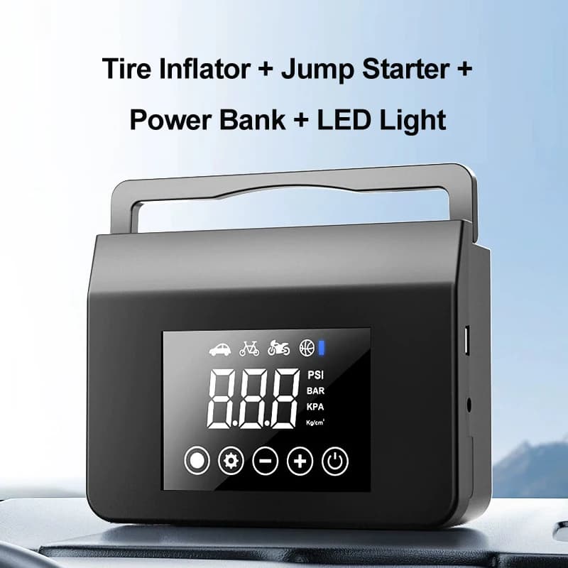 Avviatore d'emergenza per auto con power bank, gonfiatore pneumatici 12V, batteria 8000mAh, pompa per pneumatici auto 150Psi con manometro digitale e luce LED