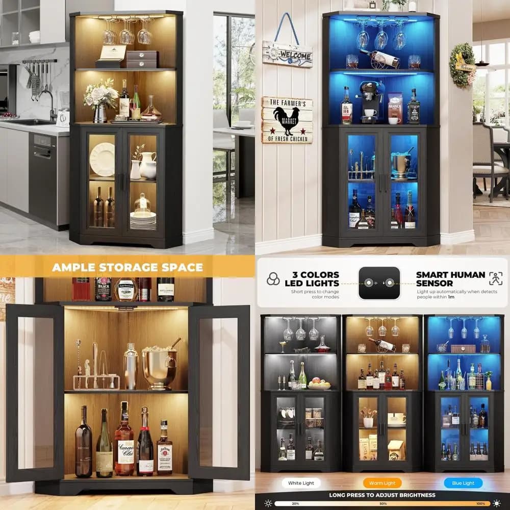 65 Tall LED-Lit Wine Cabinet with Glass Holder, Tempered Glass Door & Human Body Sensor for Bar or Dining Room, Black
