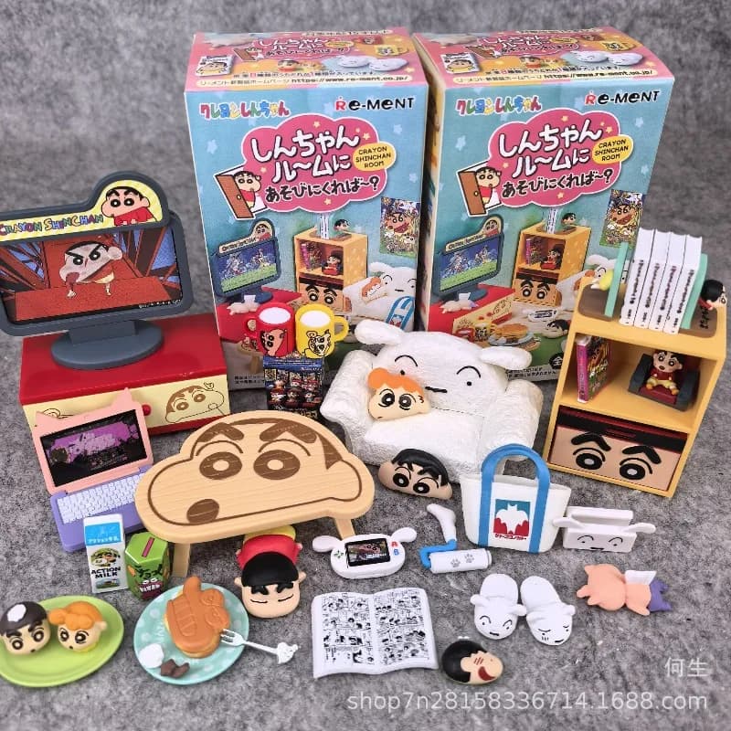 Crayon Shinchan Miniatura Scena TV con Mobile Contenitore, Blind Box, Statuette Anime, Regali, Oggetti da Collezione, Ornamenti, Giocattoli