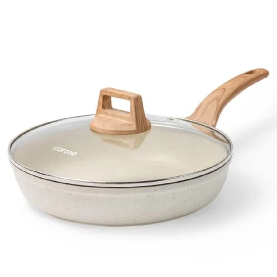 Padella Antiaderente, Padella da 10 Pollici con Coperchio in Vetro, Padella per Uova e Omelette, Pentola in Granito Senza PFOA, Bianco Granito