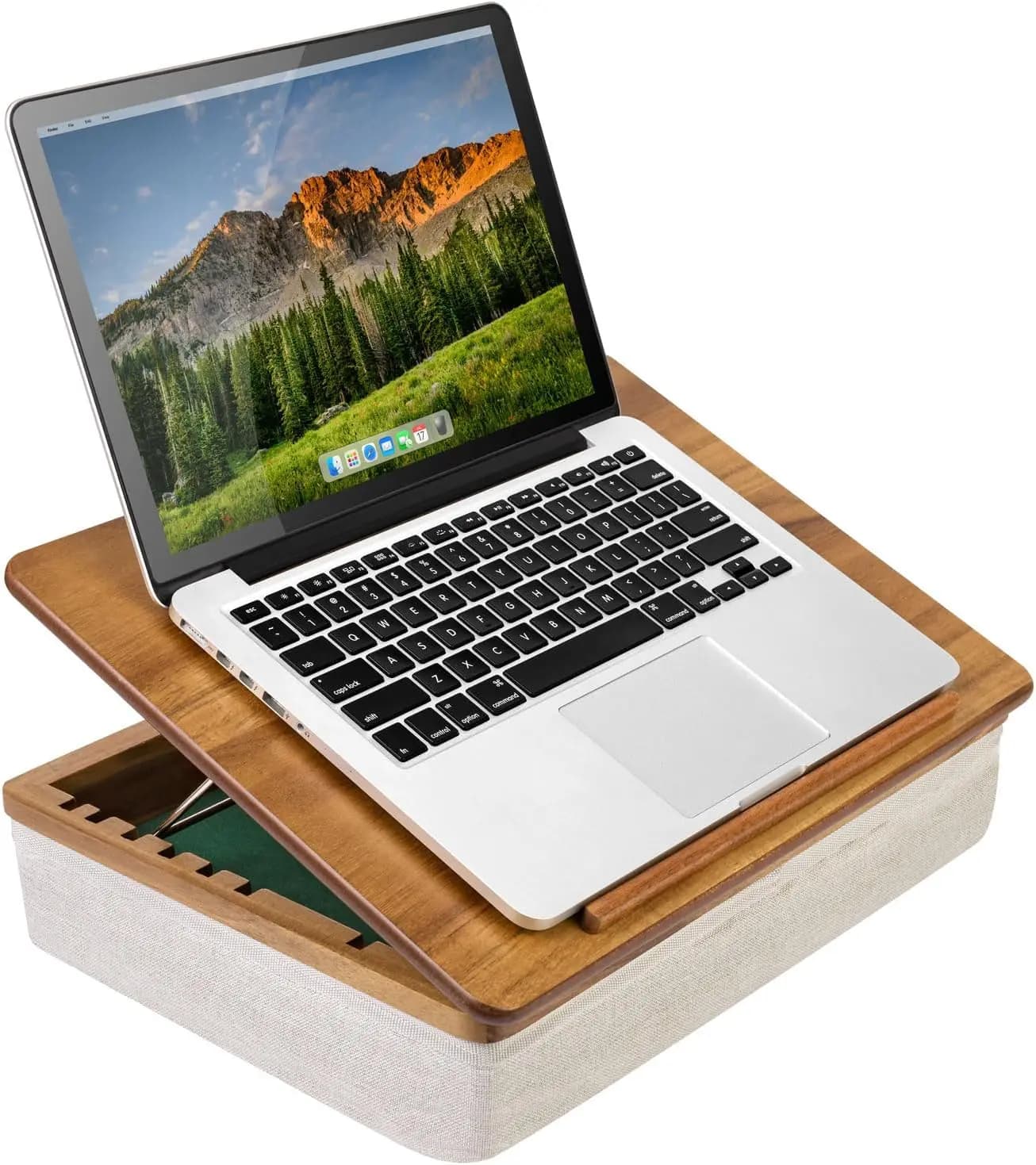 Supporto per laptop regolabile in legno di acacia con 7 livelli di inclinazione, workstation portatile per dispositivi da 15,6" e archiviazione aperta