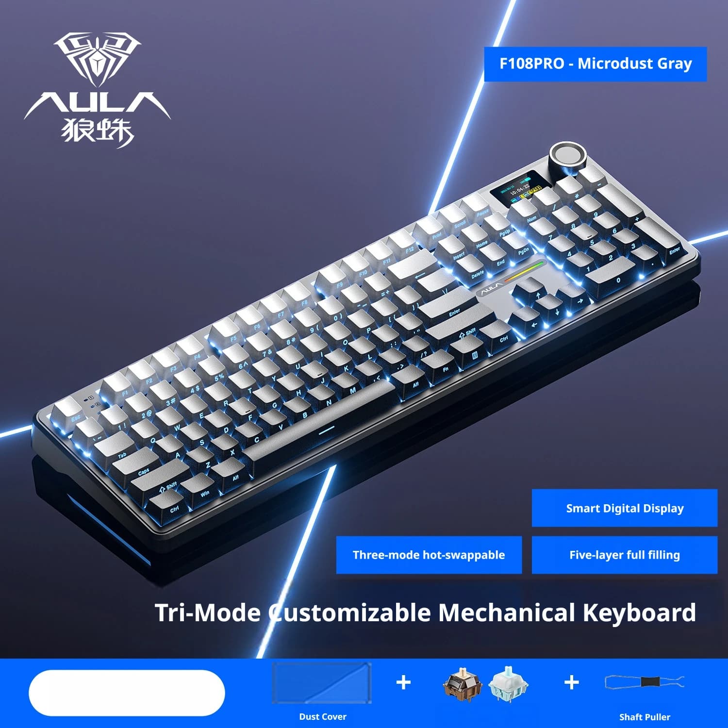 AULA F108 PRO Full-size Mechanical Keyboard W/ Screen Knob 8000mAh Battery PBT Keycap RGB Backlit Hot Swappable Gaming Keyboards