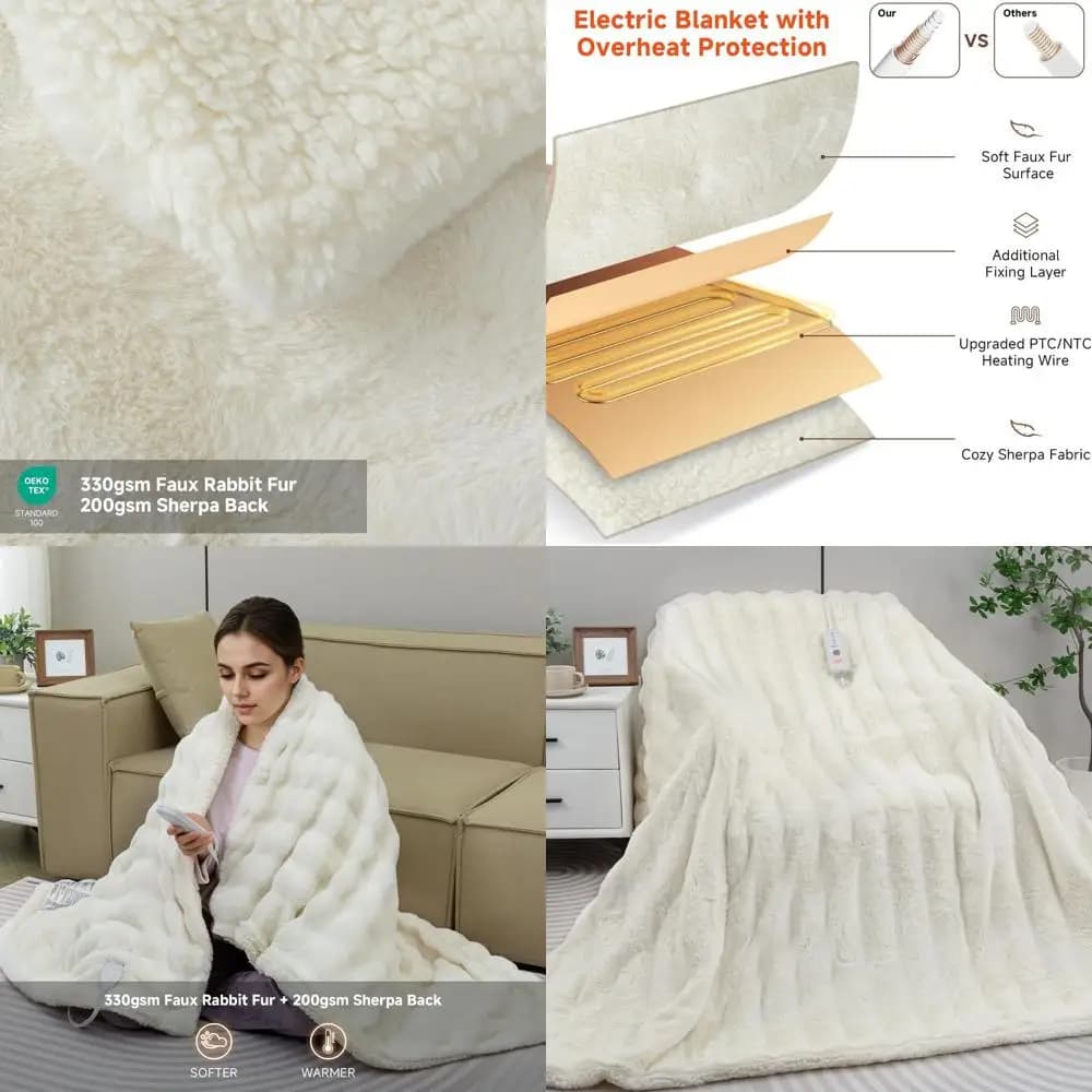 Coperta elettrica doppia in morbido peluche 62x84 con 5 impostazioni di calore e spegnimento automatico 4 ore per divano, crema