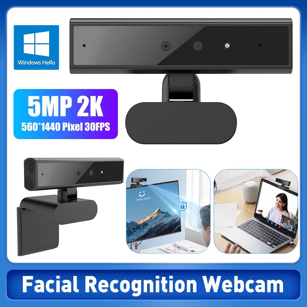 Facial Recognition Webcam for Windows Hello 2K Webcam 5MP Web Camera Facial Recognition Login For Laptop PC Camera with Mic