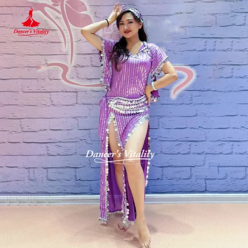 BellyDance Outfit Custom Dress with sequins + Scarf + Loop on the sides 3 pieces Balady Shabby Saidi Performance Clothing Vitality dancer