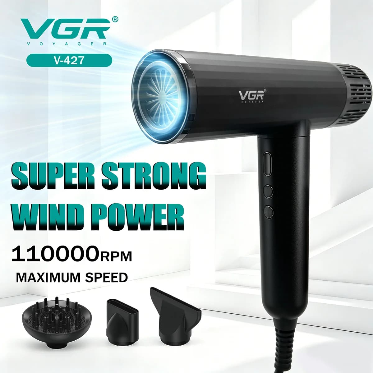 VGR Asciugacapelli Professionale Ventilatore d'aria Motore senza spazzole Macchina per asciugare i capelli Ione negativo 110000 giri al minuto Potente Salone del barbiere V-427