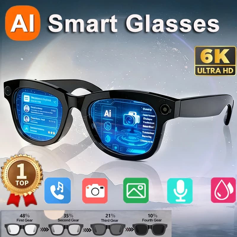 Occhiali Smart AI 6K HD con Fotocamera 800MP, Fotocromatici Multifunzione, Chiamate Bluetooth, Foto, Video, ChatGPT, Musica e Traduzione