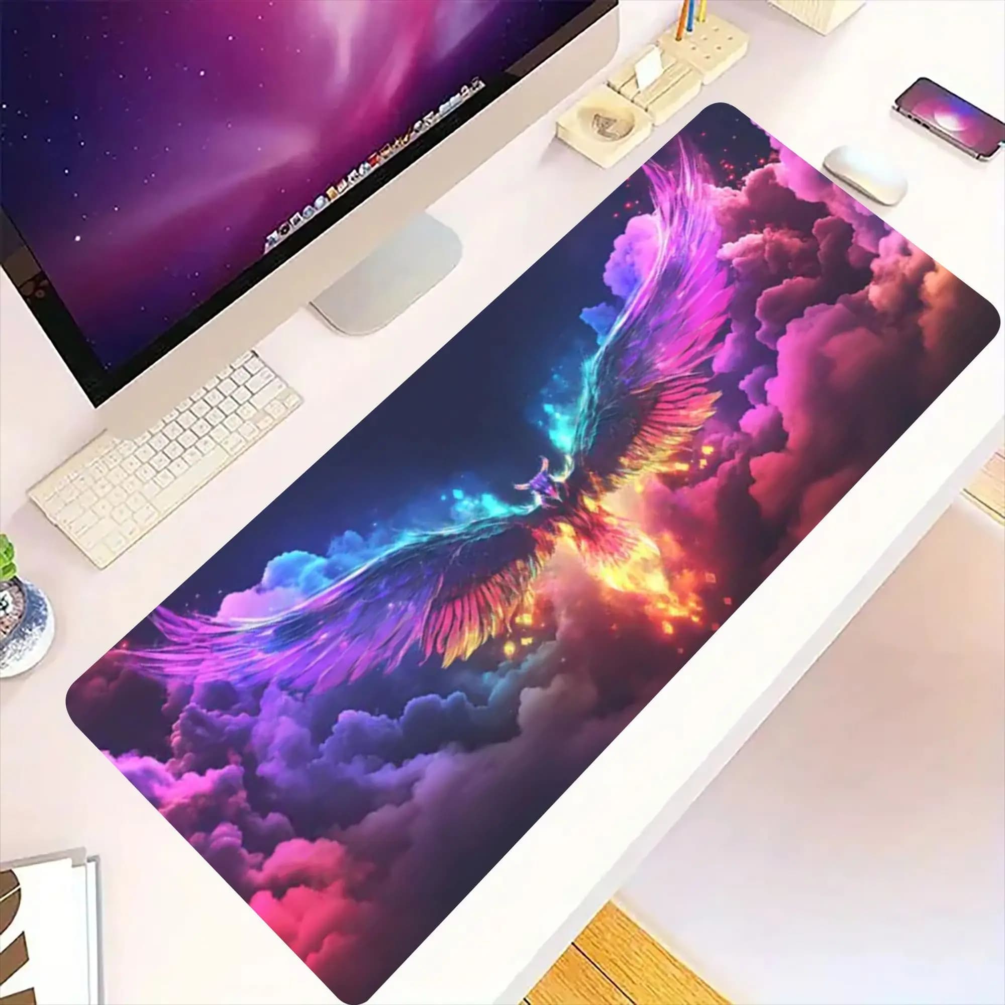 Tappetino da Scrivania Esteso Fiery Phoenix Wings, Grande Tappetino per Mouse da Gaming Antiscivolo per PC, Laptop, Ufficio