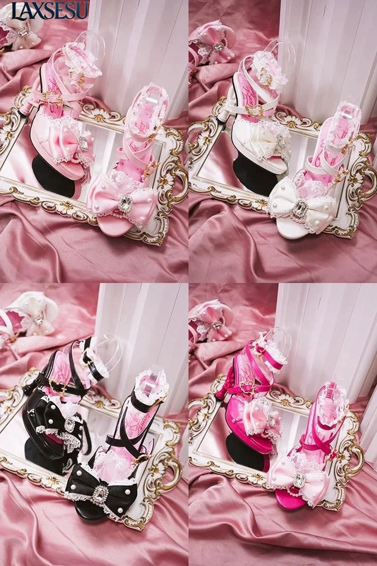 Women's Shoes Lolita Style Y2K Japanese Princess Shoes Bow Rhinestone Lace Ankle Strap Party High Heels Sandals Summer