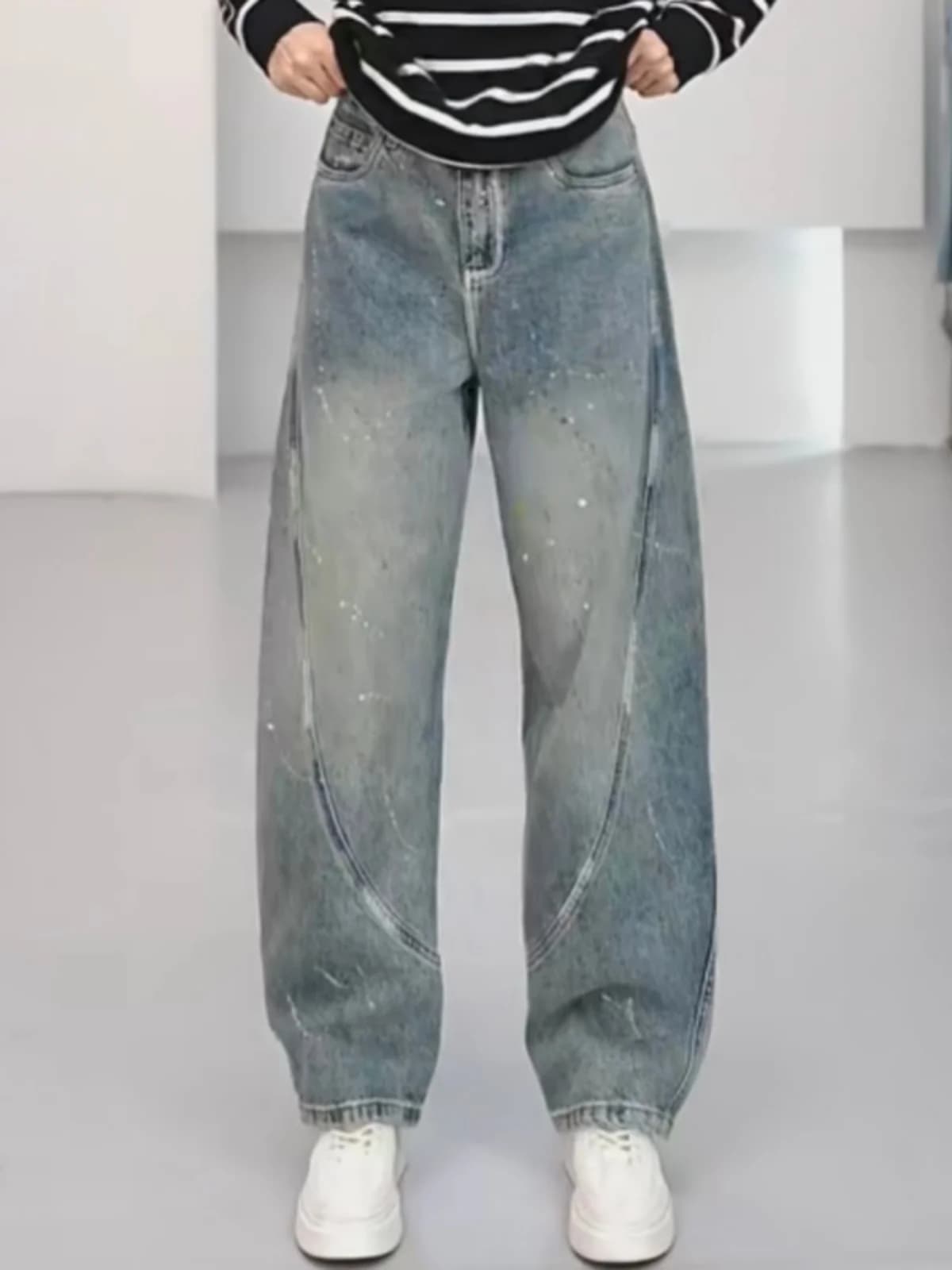 Jeans Primaverili Effetto Vintage con Schizzi d'Inchiostro, Modello Bent Knife, Unisex, Traspiranti ed Elastici, Pantaloni Casual a Gamba Dritta
