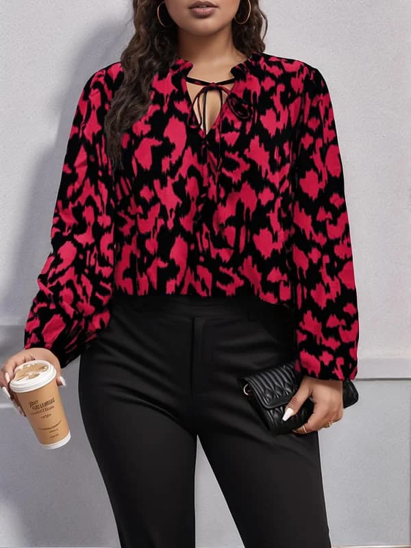 1XL-5XL New woman's shirt with printed pattern with V-neck Comfortable and breathable long sleeve shirt