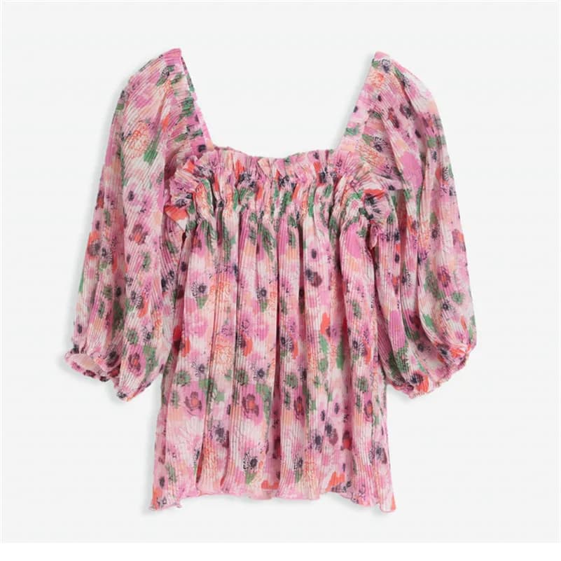 Moda donna primavera dolce camicetta floreale mezza manica in chiffon camicia morbida colletto quadrato manica a lanterna spalle scoperte chic spiaggia