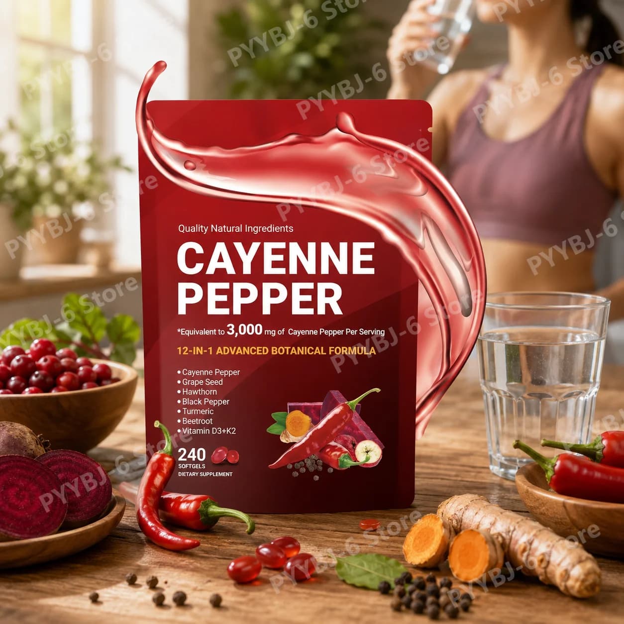 Capsule di Peperoncino Cayenne 240 Pezzi, Integratore Botanico con Curcuma, Semi d'Uva e Barbabietola per Energia e Supporto al Benessere