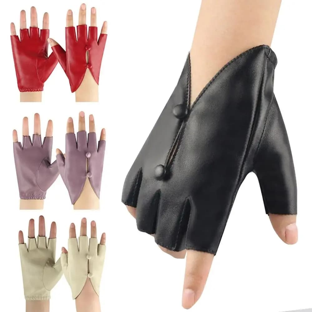 PU Leather Women Leather Gloves Anti-Slip Palm Guard Dance Performance Gloves Button Hole Gothic Half Finger Gloves Four Seasons