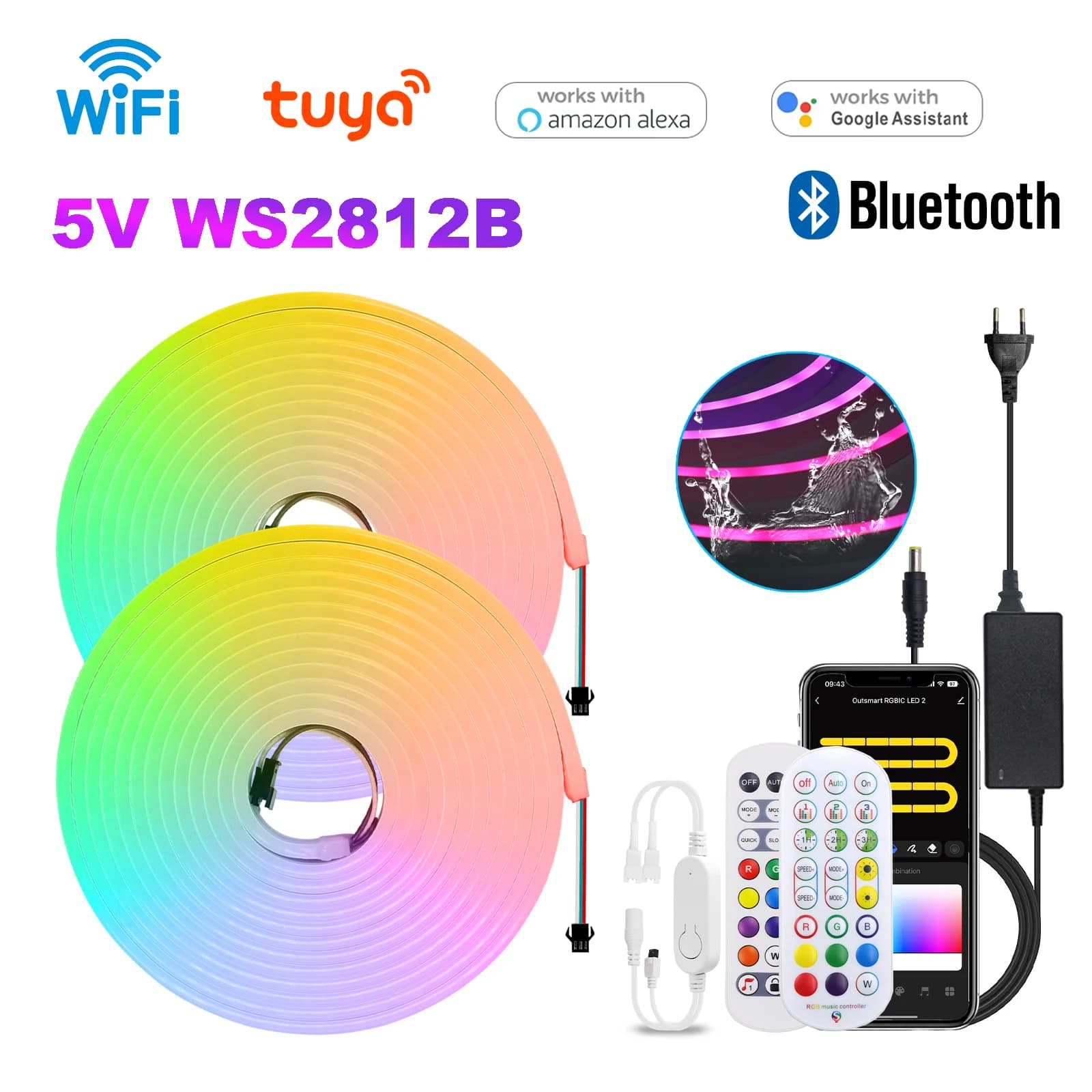 Tuya WS2812B RGBIC LED Neon Light Strip DC5V Waterproof Flexible Neon Rope Light WiFi Bluetooth APP Control LED Tape Room Decor