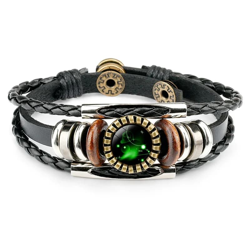 12 Costellazione Segno zodiacale Bracciale in pelle intrecciata nera Cancro Leone Vergine Bilancia Cupola di vetro intrecciato Gioielli Bracciale da uomo punk