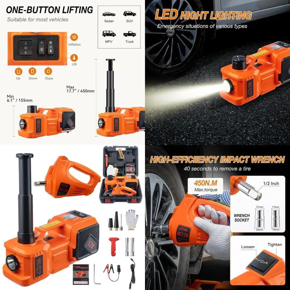 Kit Sollevatore Idraulico per Auto da 5 Tonnellate con Gonfiatore Pneumatici e Avvitatore a Impulsi, 12V per Berlina, SUV, Monovolume e Camion